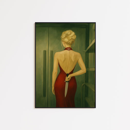 Femme Fatale Wall Art – Red Dress Poster with Knife | Bold Suspenseful Artwork