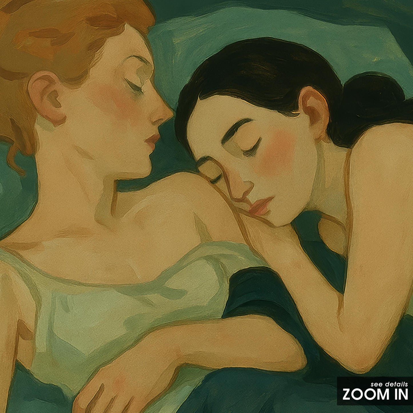 Lesbian Couple Print – Soft Vintage Queer Bedroom Art With Emerald Green Hues