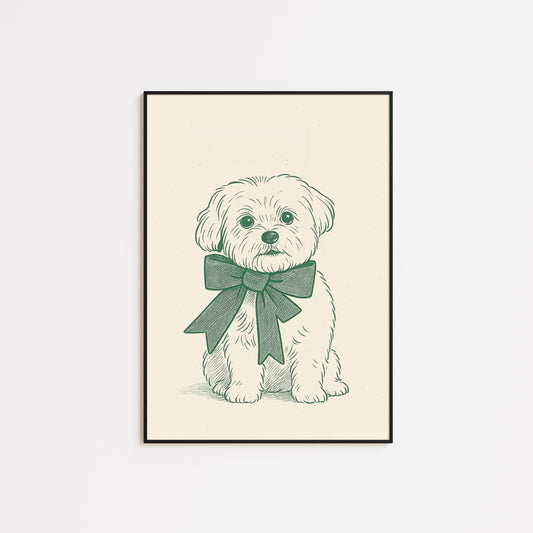 Green Bow Puppy Poster – Minimal Dog Illustration Wall Art