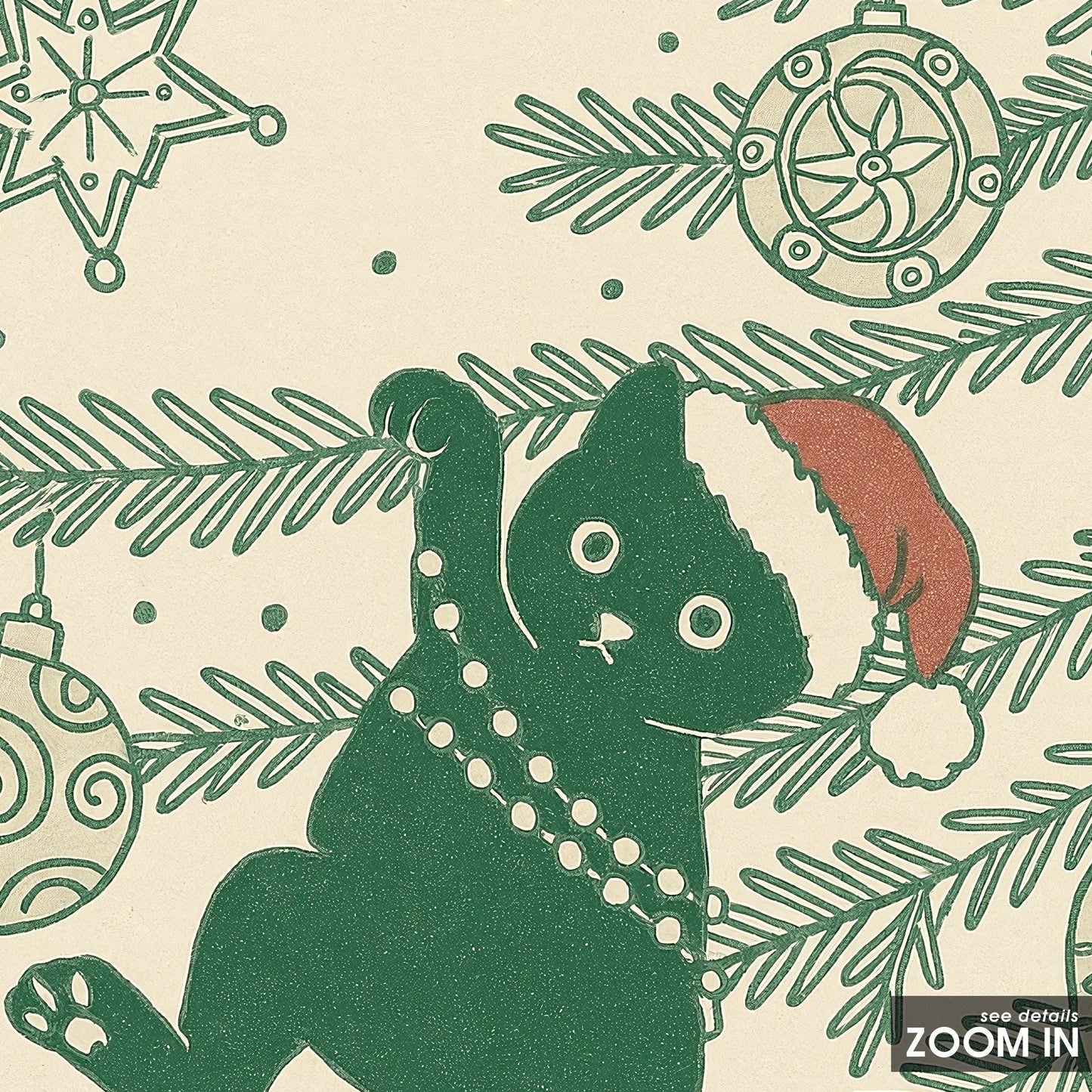 Christmas Cat Poster – Minimal Holiday Wall Print | Retro Green Line Art