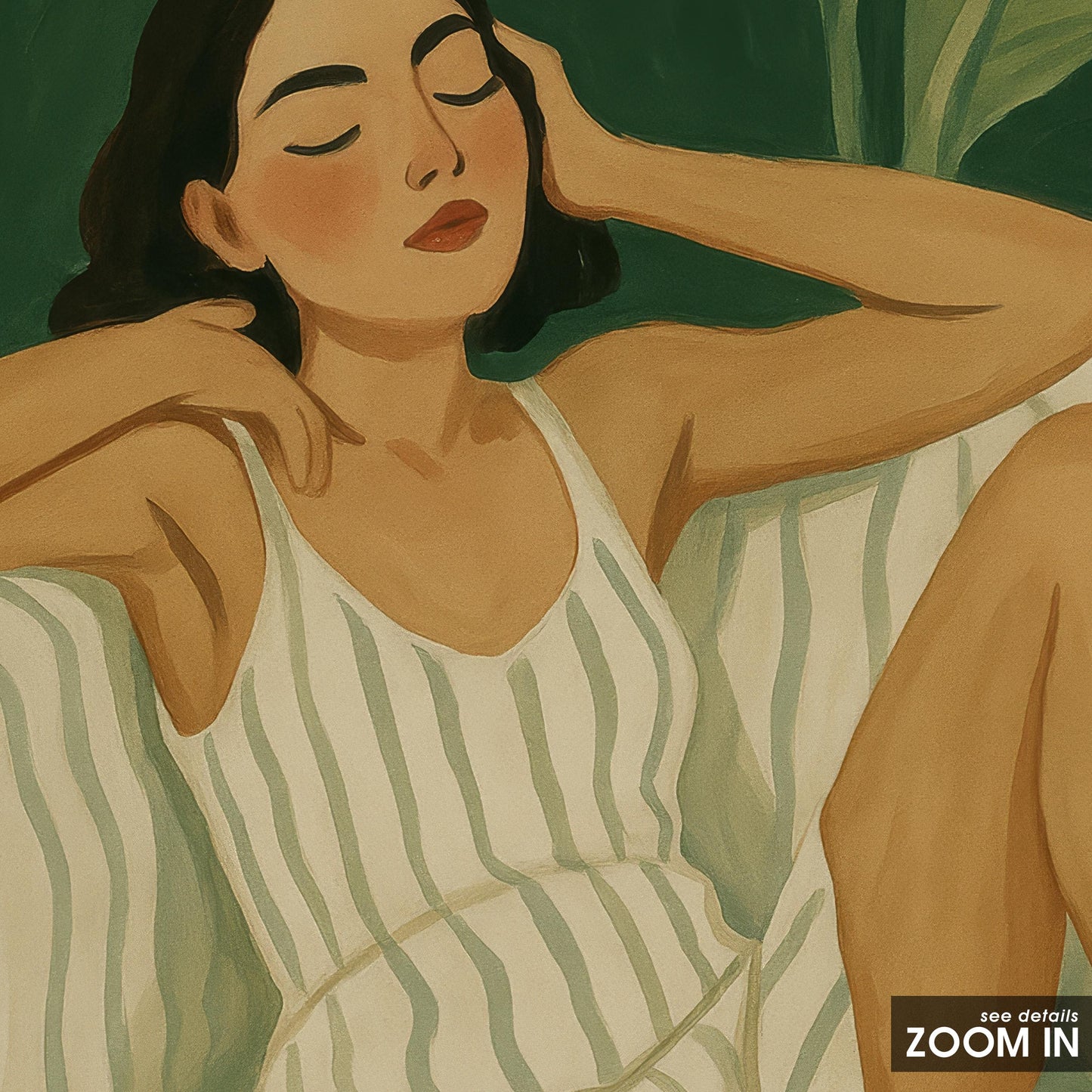Relaxed Woman Art Print – Striped Dress Cozy Room Decor | Serene Green Botanical Wall