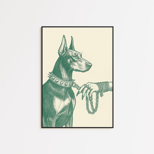 Elegant Doberman Illustration | Vintage Line Art Dog Poster | Dominant Feminine Hand Holding Chain | Gothic Minimal Wall Decor