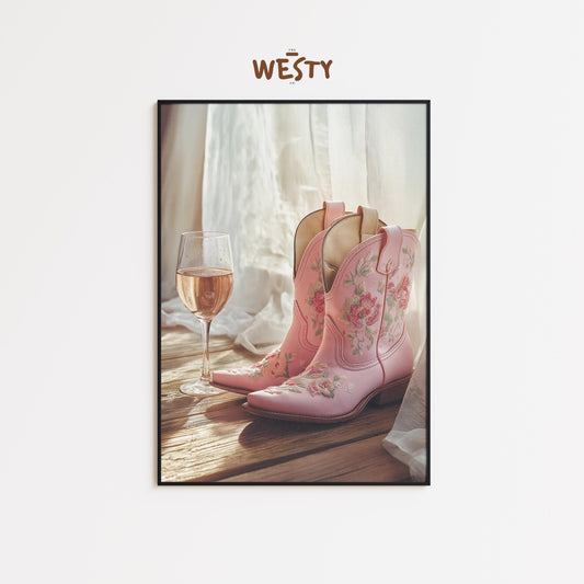 Floral Pink Cowgirl Boots with Rosé – Feminine Western Still Life
