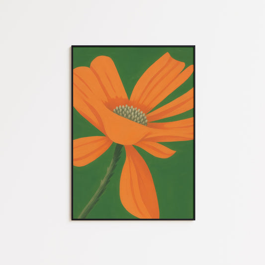Orange Daisy Wall Art – Minimalist Floral Print | Vivid Orange Petals & Green Background