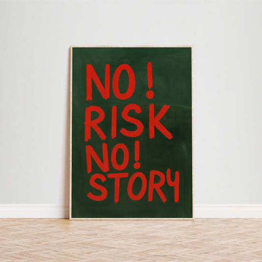 No Risk No Story Poster – Bold Red Retro Typography Wall Art