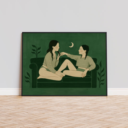 Emotional Green Wall Art – Queer Love Print | Cozy Night Artwork for Feminine Room Decor