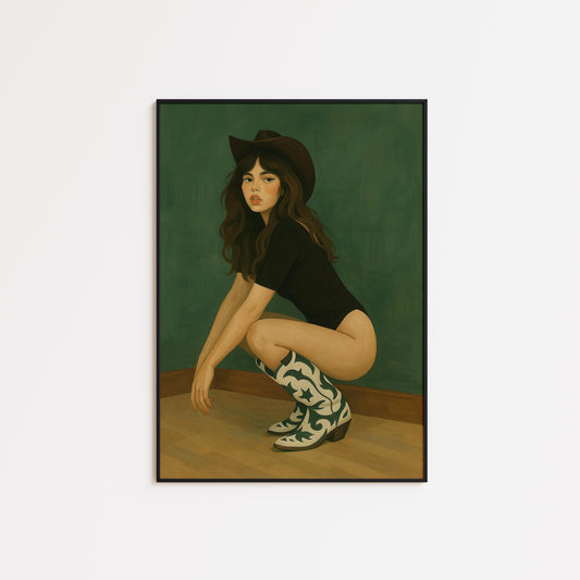 Cowgirl Squat Poster – Vintage Feminist Western Wall Art | Bold Cowgirl Boots