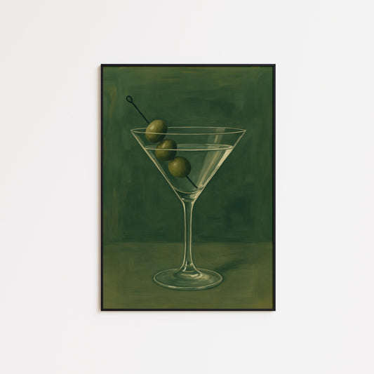 Martini Glass Poster – Minimalist Olive Green Cocktail Wall Art for Elegant Bar Decor