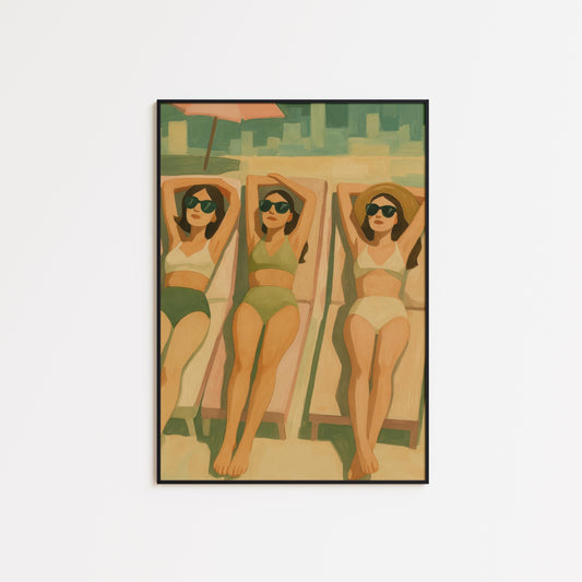 Retro Summer Art Print – Sun Sisters Feminine Poolside Poster With Vintage Swimsuit