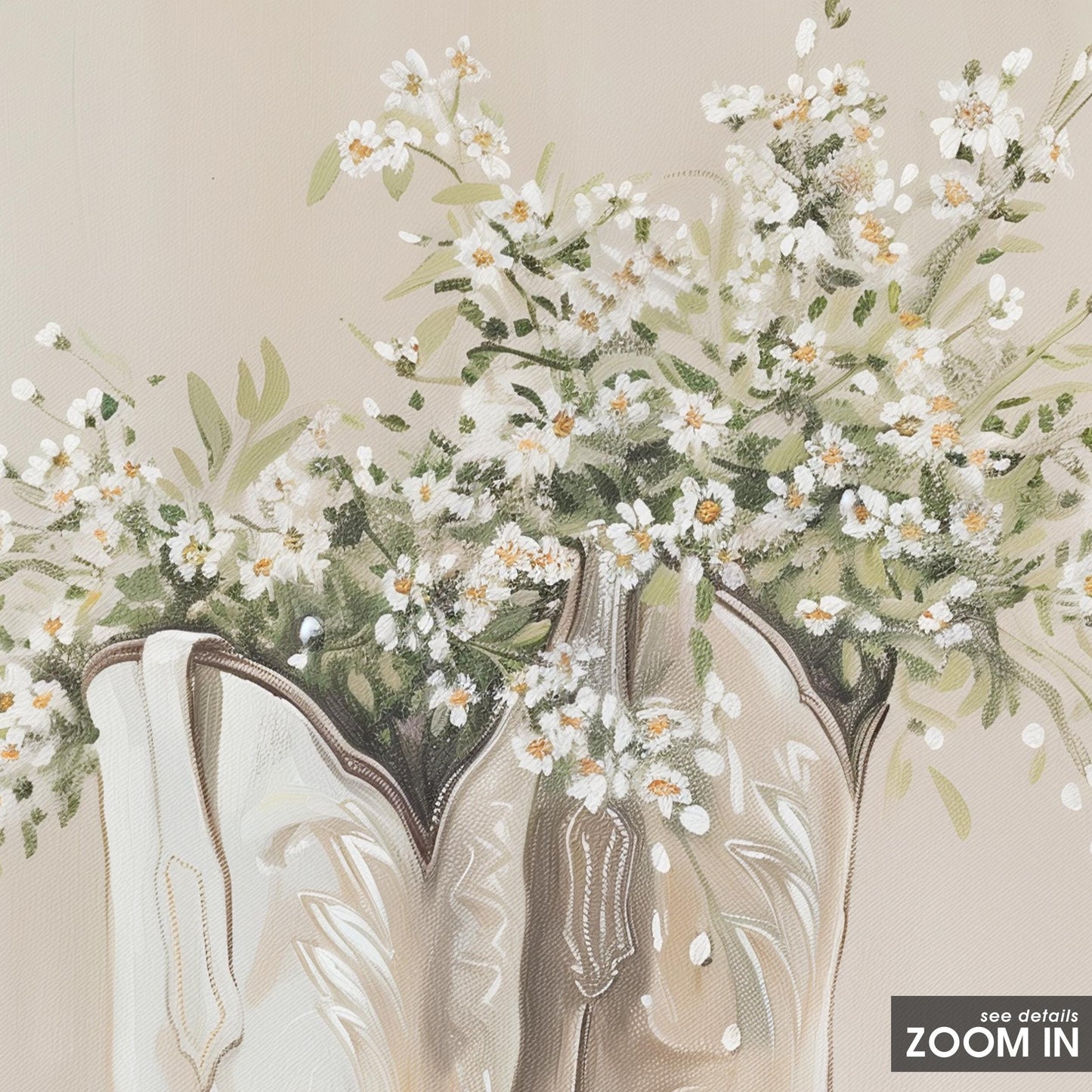 Neutral Cowgirl Boots with Daisies – Rustic Western Floral Art Print