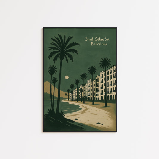 Barcelona Poster – Vintage Sant Sebastià Print | Mediterranean Coastal Wall Art