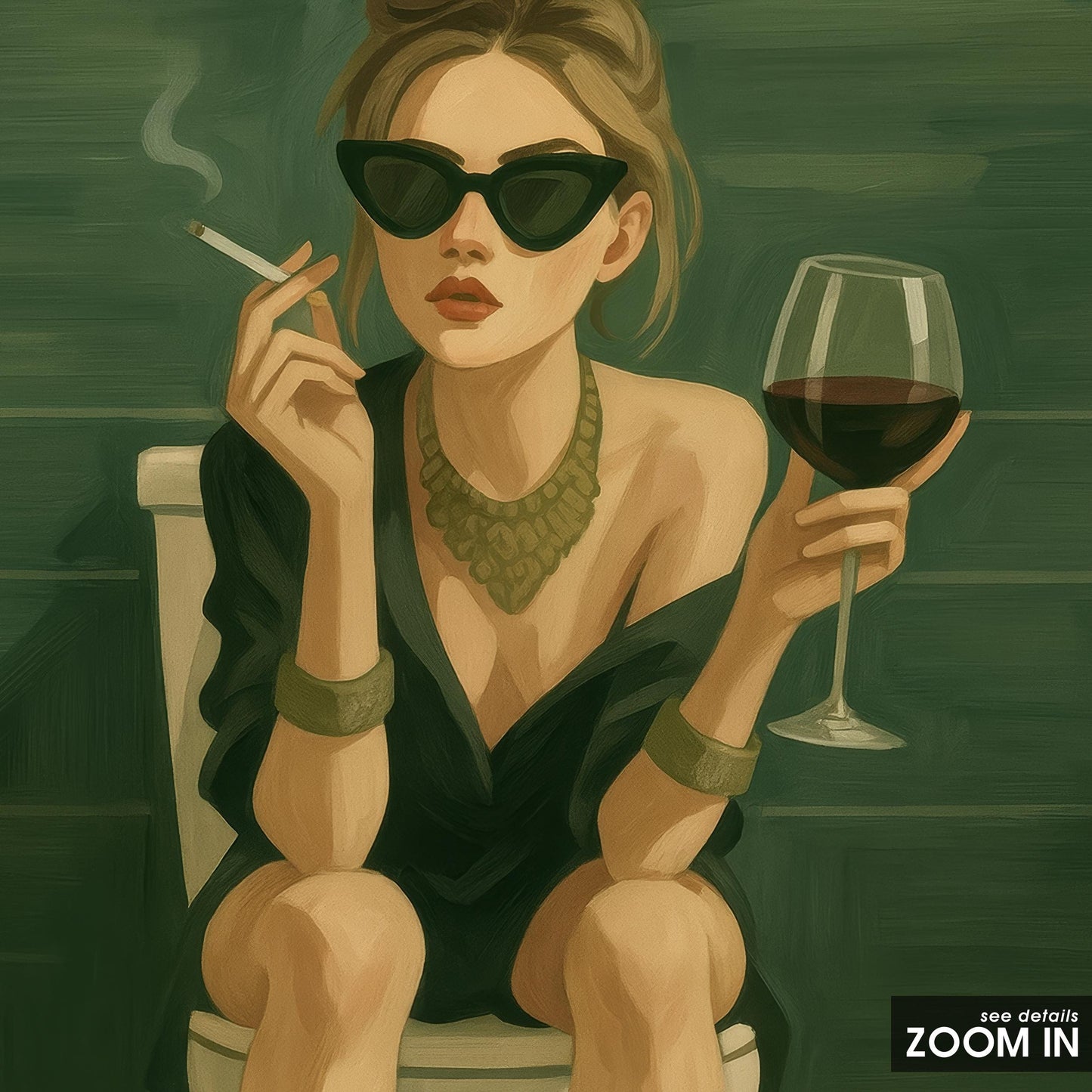 Glam Woman Poster – Horizontal Feminine Wall Art With Wine Smoking Print