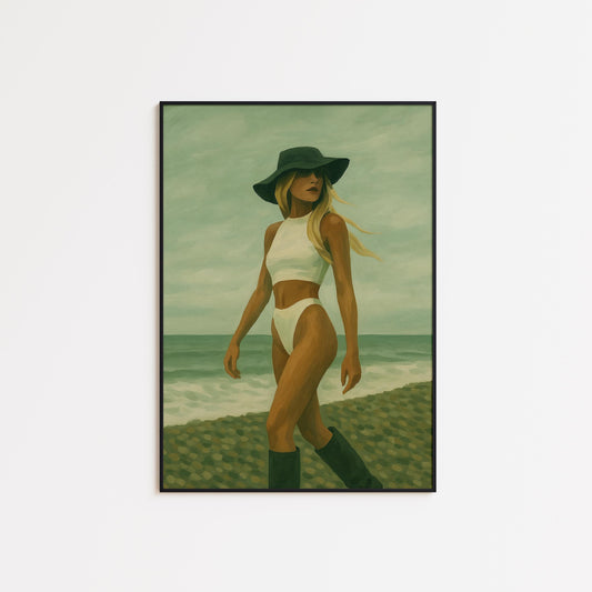 Retro Beach Poster – Minimalist Wall Art With Stylish Woman And Sandy Tone