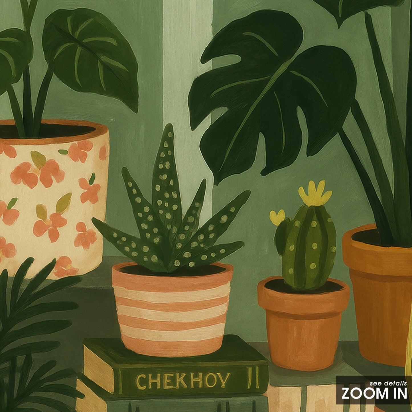 Indoor Plants and Books Poster – Cozy Botanical Still Life Art, Green Plant Corner Wall Decor, Calm Home Aesthetic Print
