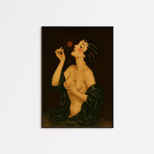 Vintage Sensual Wall Art – Romantic Nude Print with Flower Woman Art Decor