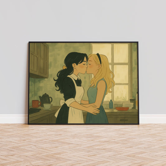 Lesbian Wall Art Print – Cozy Sapphic Lovers Art with Vintage Kitchen Decor