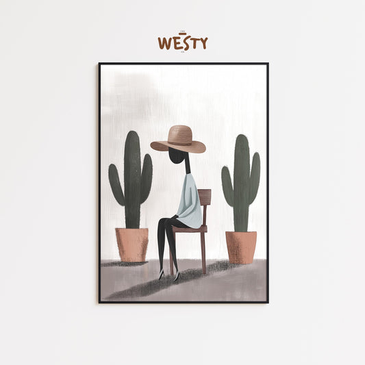 Minimal Woman with Cactus Poster – Western Boho Art Print