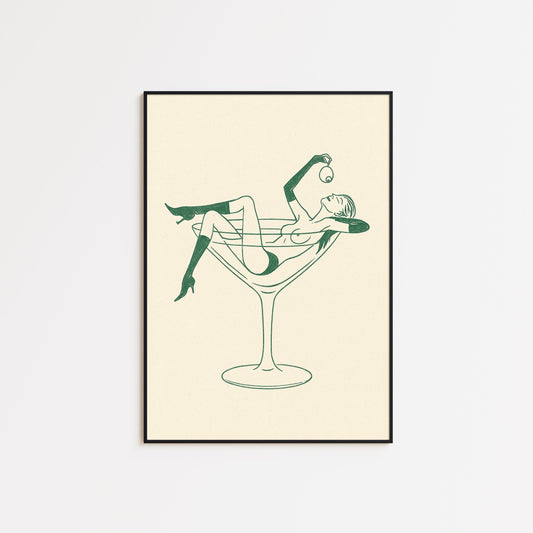 Martini Girl Line Art Print – Minimalist Retro Poster, Feminine Bar Wall Art