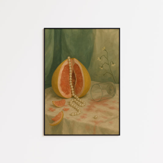 Vintage Botanical Wall Art – Grapefruit Still Life Print with Pearls for Dining Room