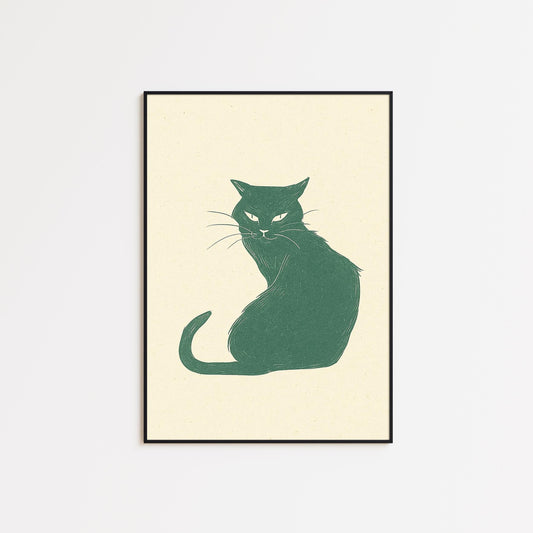 Confident Cat Poster – Minimal Line Art Print, Moody Green Feline Wall Decor