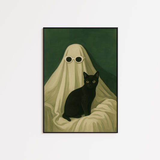 Black Cat Wall Art – Spooky Gothic Home Print With Quirky Ghost Design