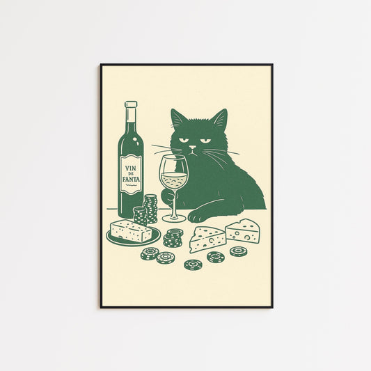 Wine and Cheese Cat Poster – Funny Minimal Line Art, Sophisticated Cat Wall Print