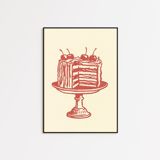 Cherry Cake Poster – Retro Dessert Kitchen Wall Art
