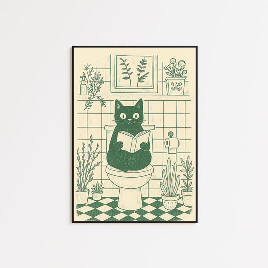 Bathroom Cat – Funny Minimal Line Art Poster, Cozy Bathroom Wall Decor