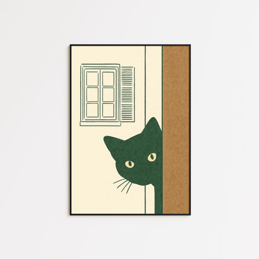 Peeking Cat – Minimal Line Art Poster, Cozy Vintage Home Wall Decor