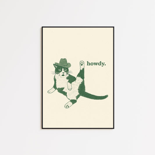 Howdy Cat Poster – Funny Cowboy Cat Print, Western Minimal Wall Art