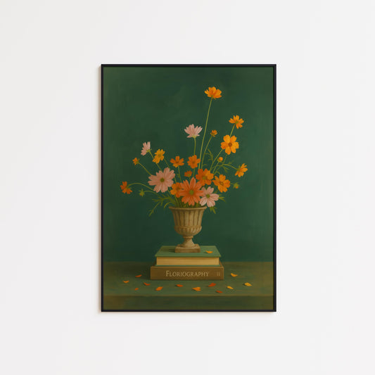 Vintage Botanical Wall Art – Floral Vase Poster With Orange Pink Flowers
