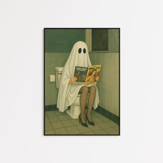 Quirky Bathroom Wall Art – Surreal Funny Ghost Print With Moody Green Tiles