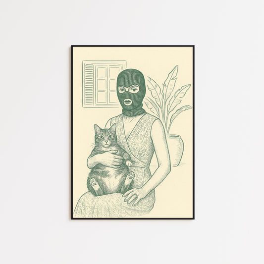 Masked Woman with Cat Poster – Surreal Line Art Print, Femmaura Bold Series