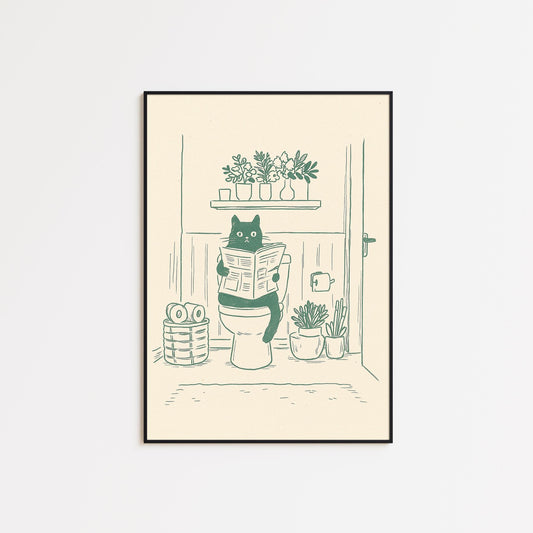 Bathroom Cat Poster – Funny Minimal Line Art Wall Decor