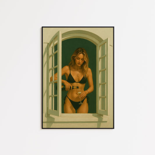 Bikini Girl Poster – Modern Summer Wall Art | Champagne Coastal Chic Print