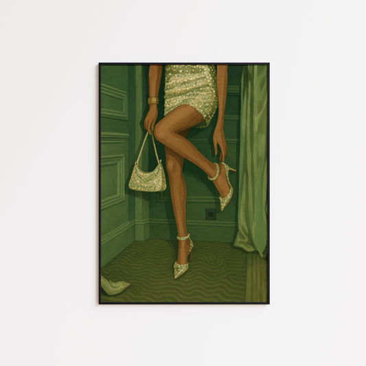 Feminine Wall Art – Glam Legs Artwork in Green Tone Poster with Pearl Dress Print