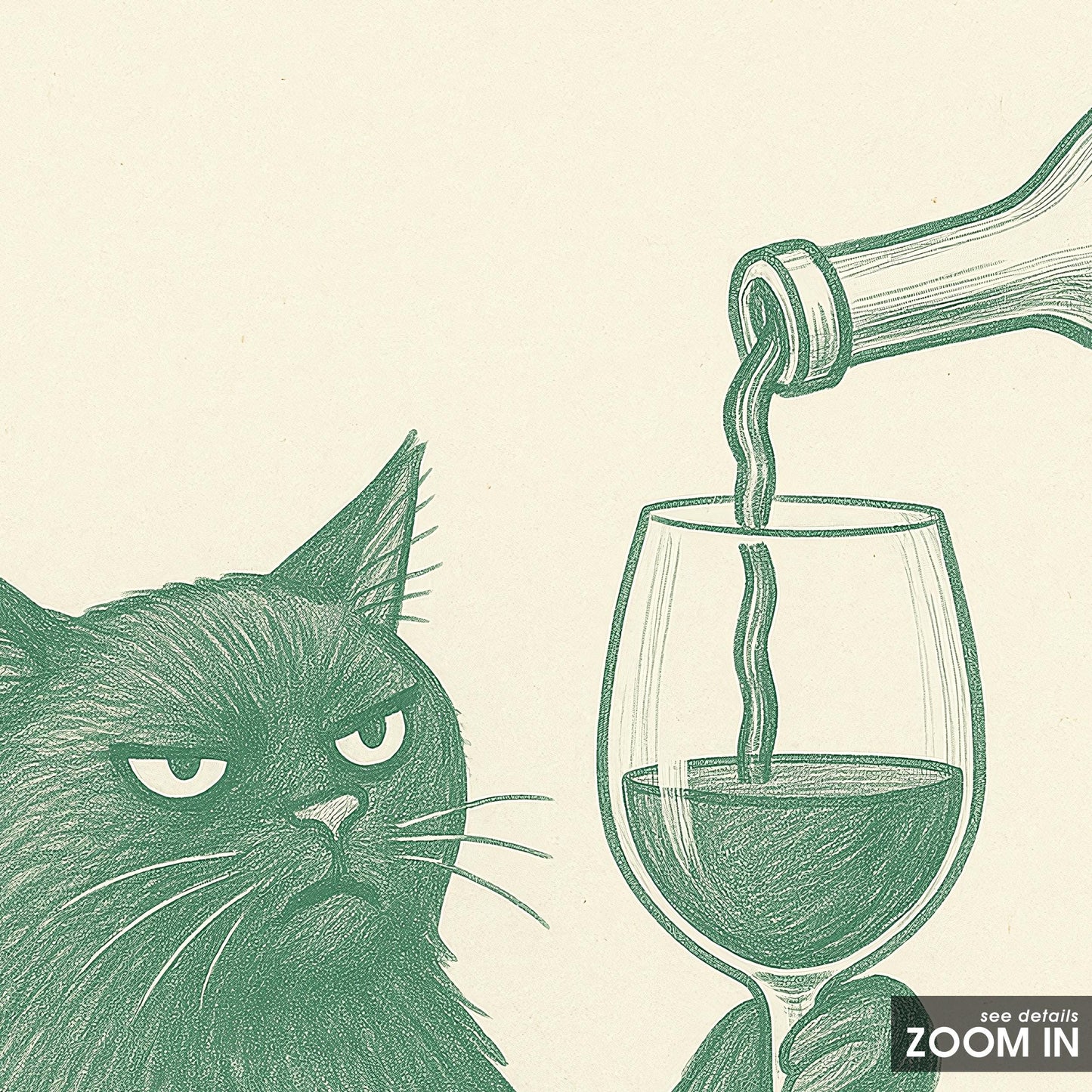 Funny Cat with Wine Print – Minimalist Line Art