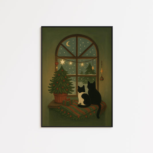 Christmas Cat Poster – Cozy Xmas Print | Vintage Holiday Wall Decor Art