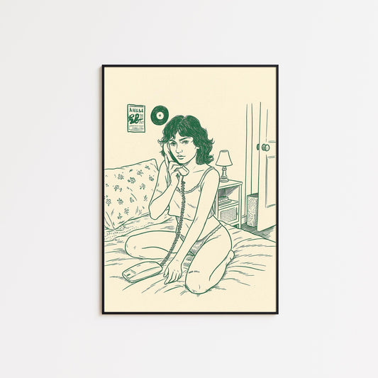 Girl on the Phone Poster – Vintage Bedroom Line Art Print