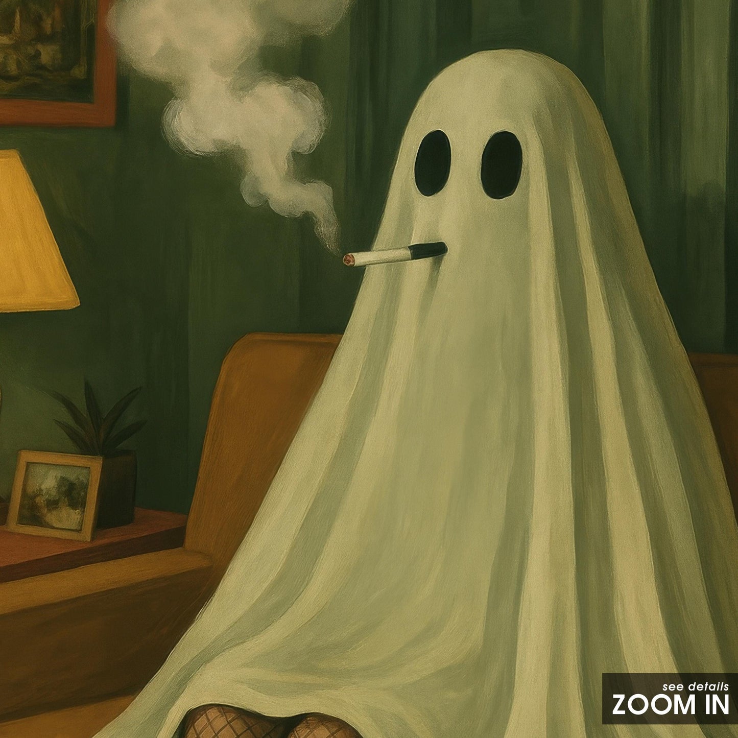 Retro Gothic Wall Art – Smoking Ghost Surreal Print With Dark Humor
