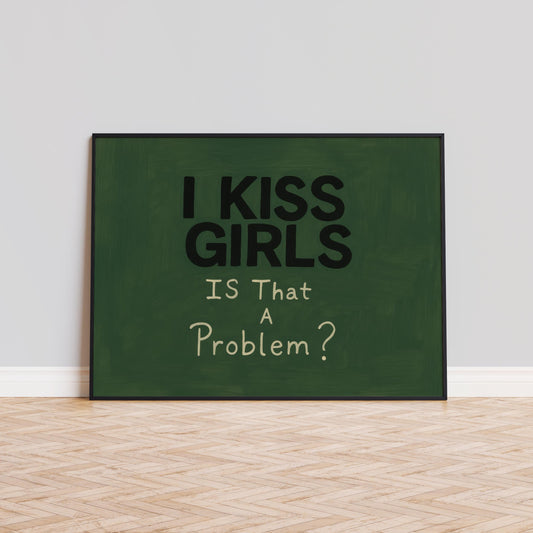 Queer Pride Poster – Bold Lesbian Wall Decor with Dark Green Background Art