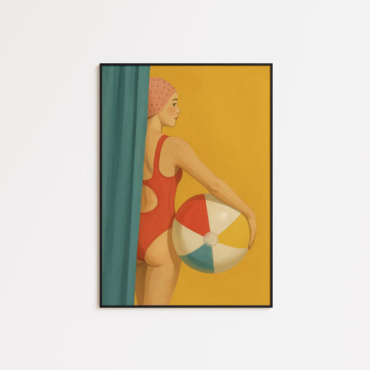 Retro Swimmer Poster – Vintage Summer Art With Colorful Beach Ball Print