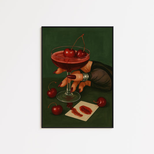 Cherry Cocktail Art Print – Vintage Noir Sensual Wall Art | Digital Download