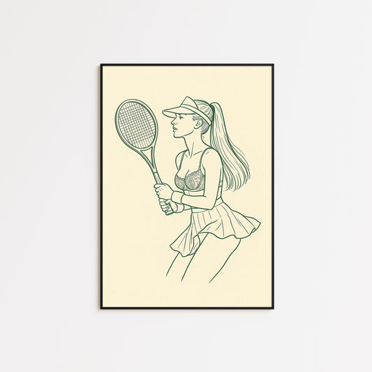 Female Tennis Player Poster – Minimal Vintage Line Art in Green