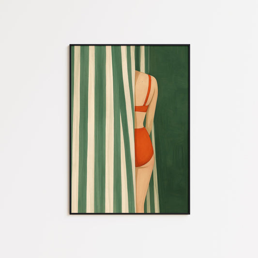 Retro Swimsuit Poster – Striped Curtain Art With Bold Feminine Wall Decor