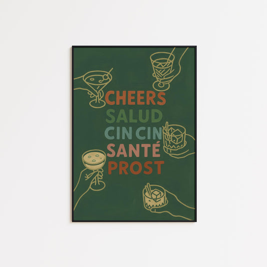 Retro Cocktail Wall Art – Multilingual Toast Print With Bold Typography Poster