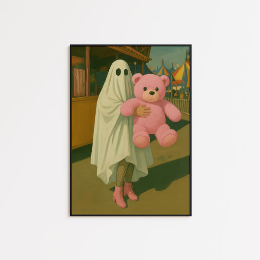 Whimsical Ghost Art - Playful Ghost Holding Pink Teddy Bear | Spooky Wall Decor