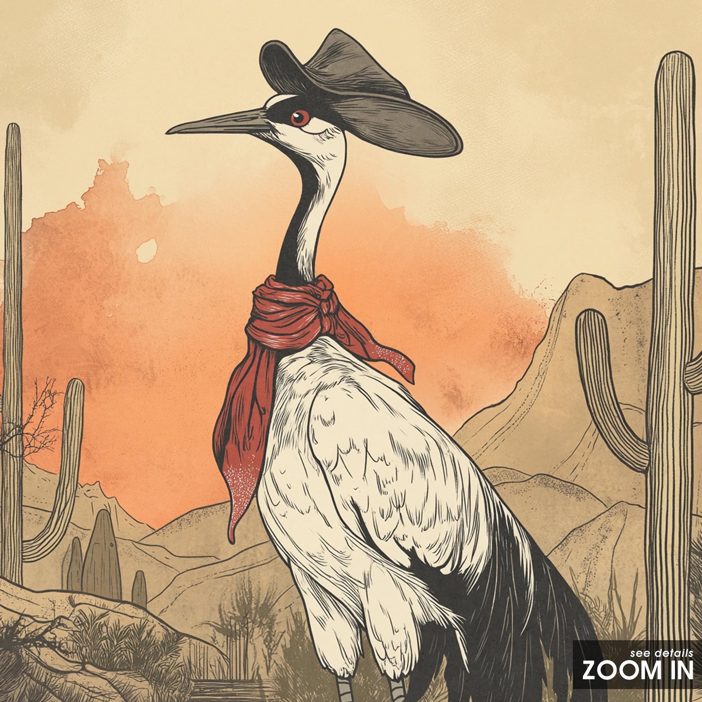 Cowboy Crane Poster – East-West Surreal Bird Art in Desert Oasis