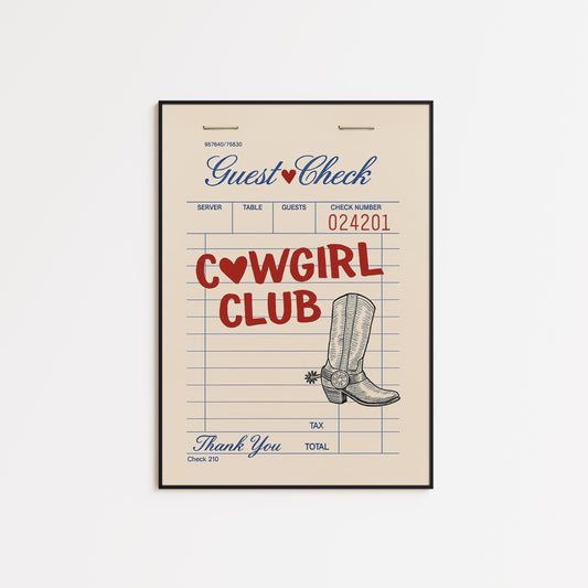 Cowgirl Club Diner Check Poster – Western Retro Wall Art for Cowgirl Decor