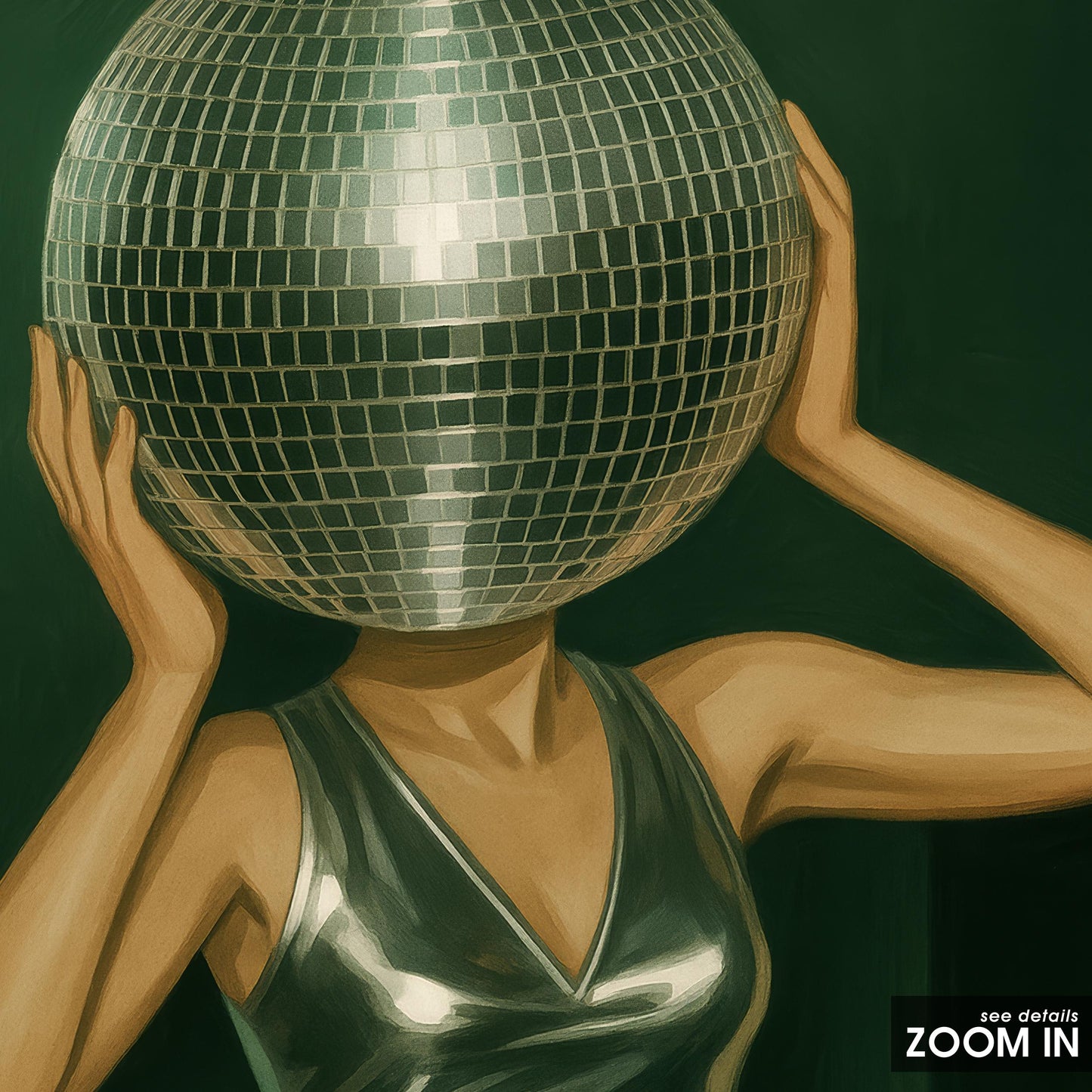 Disco Ball Poster – Retro Party Art with Metallic Dress & Green Background Print